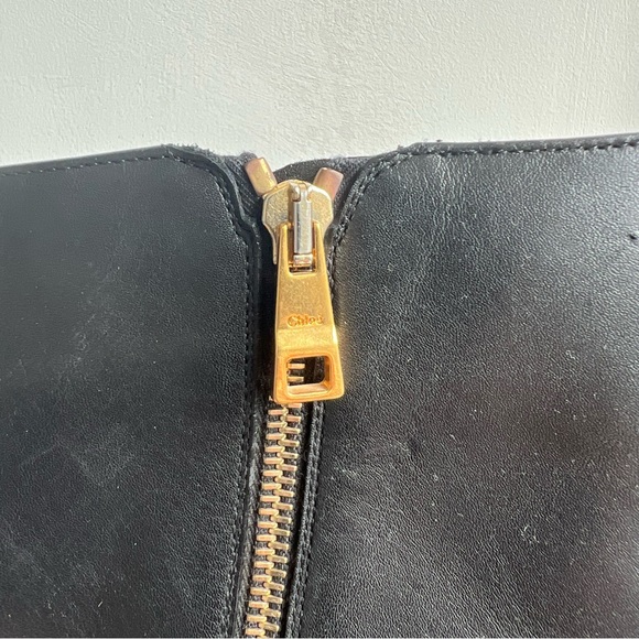 Chloe Black Leather Ankle Boots with Gold Zipper Accent - Picture 2 of 10
